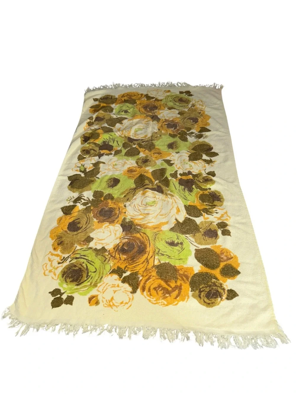 Vintage MCM Cannon Monticello? Light Yellow Rose Floral Fringe BATH TOWEL Retro